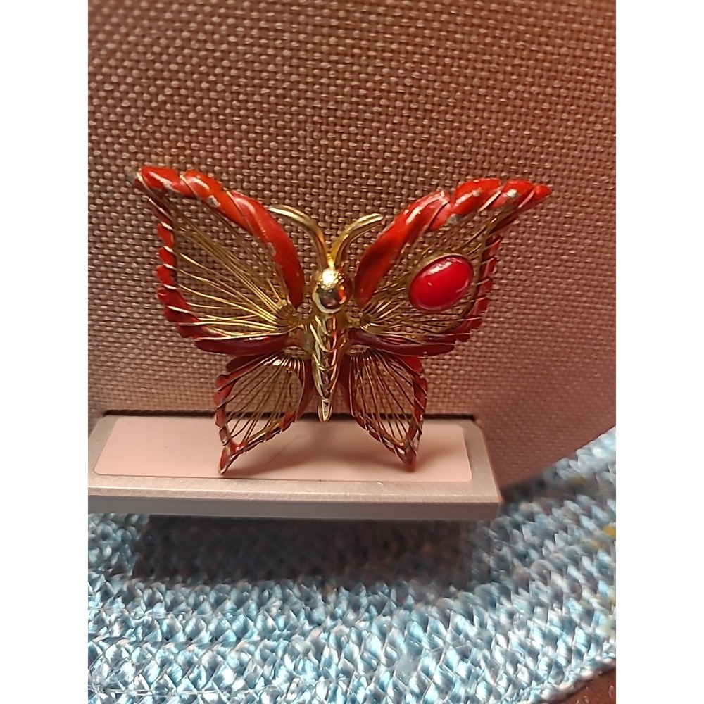 Signed Brooks Fretted Gold-tone, Red Trim  Faux Pearl Brooch Pin Butterfly